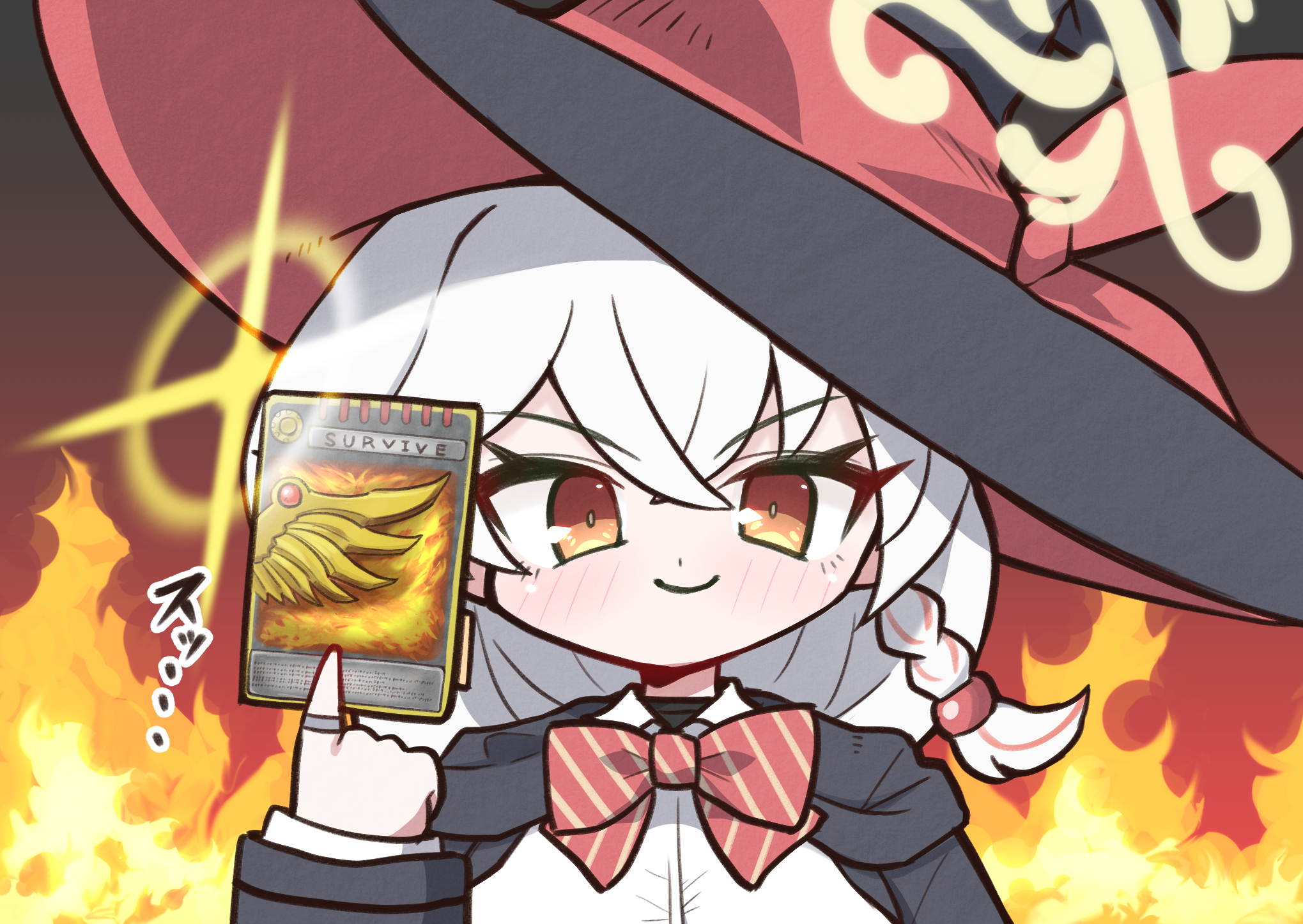 maruichi, eri (blue archive), blue archive, kamen rider, kamen rider ryuki (series), commentary request, highres, translation request, 1girl, advent card, black coat, black shirt, bow, bowtie, braid, braided sidelock, card, chibi, coat, collared shirt, fiery background, fire, hair between eyes, halo, hat, holding, holding card, hood, hooded coat, jewelry, long hair, long sleeves, looking at viewer, multicolored hair, open clothes, open coat, orange eyes, orange halo, red bow, red bowtie, ring, school uniform, shirt, sidelocks, single braid, smile, solo, streaked hair, striped bow, striped bowtie, striped clothes, turtleneck, turtleneck shirt, two-tone hair, white hair, white shirt, witch hat