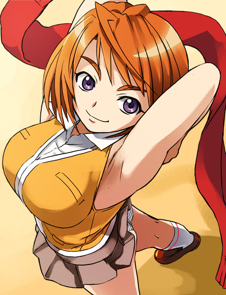 haruyama kazunori, tokiha mai, my-hime, 00s, 1girl, armpits, arms behind head, breasts, female focus, from above, fuuka academy school uniform, large breasts, looking up, orange hair, orange vest, panties, pantyshot, purple eyes, red scarf, scarf, school uniform, short hair, skirt, smile, socks, solo, striped clothes, striped panties, underwear, upskirt, vest