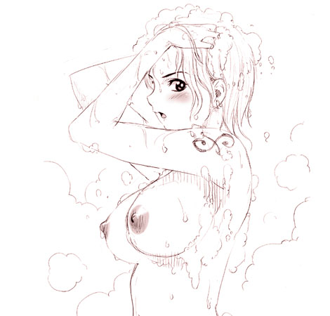 nagi raiun, nami (one piece), one piece, lowres, 1girl, breasts, female focus, large breasts, monochrome, nipples, nude, shoulder tattoo, showering, soap, solo, tattoo