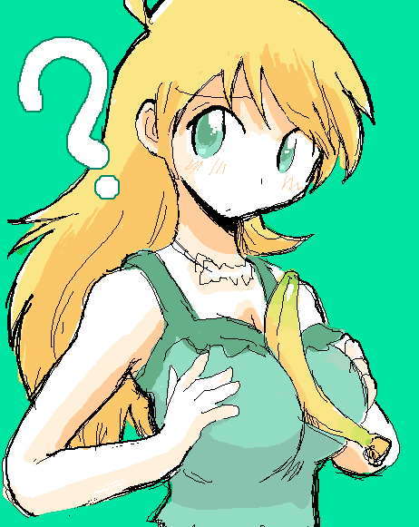 yurihi koi, hoshii miki, idolmaster, idolmaster (classic), idolmaster 1, 00s, 1girl, banana, between breasts, blonde hair, breasts, breasts squeezed together, female focus, food, fruit, green shirt, large breasts, oekaki, sexually suggestive, shirt, solo