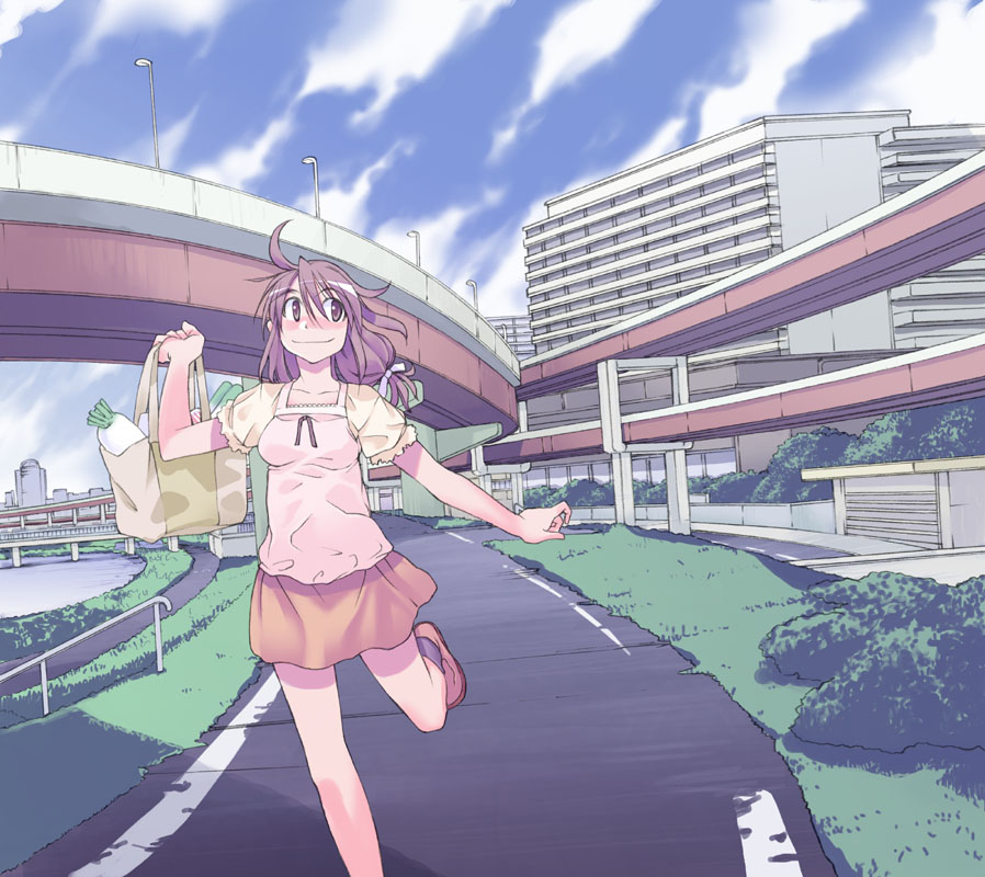 takeda sun, aruite ippo!!, 1girl, bag, city, elevated highway, female focus, highway, shopping bag, skirt, solo