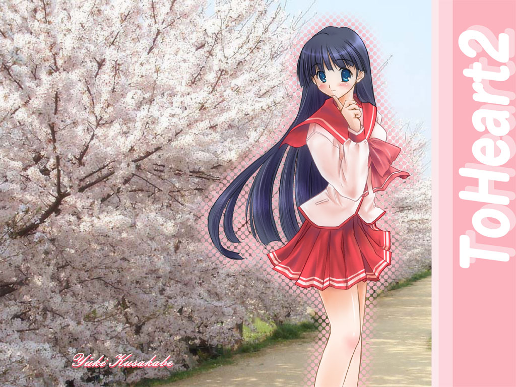 x-4kazu, kusakabe yuuki (to heart 2), to heart (series), to heart 2, 00s, 1girl, blue eyes, blue hair, cherry blossoms, collarbone, copyright name, cowboy shot, female focus, long sleeves, looking at viewer, matching hair/eyes, plant, pleated skirt, red skirt, sailor collar, school uniform, serafuku, skirt, solo, spring (season), standing, tree