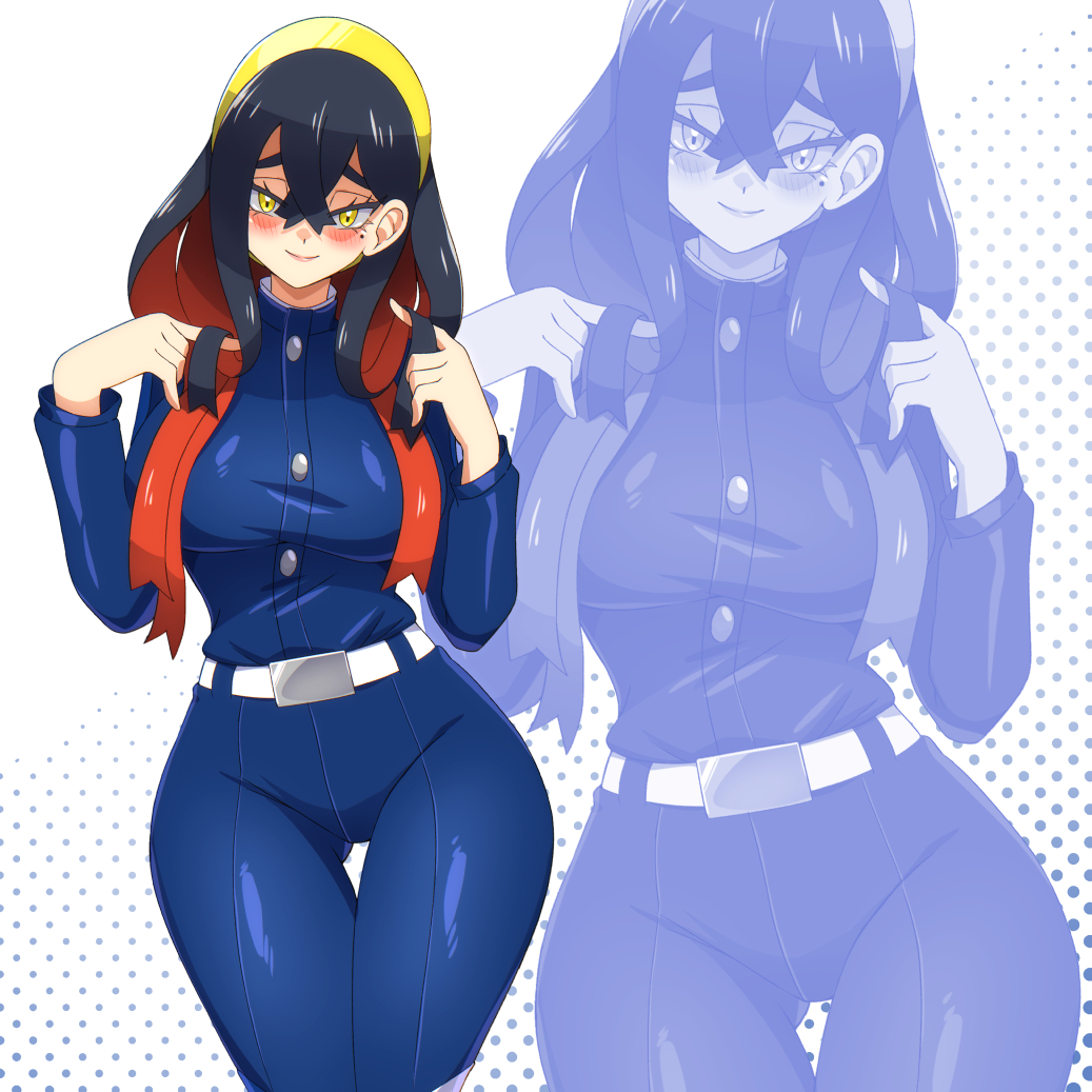 zuchysdraws, carmine (pokemon), nintendo, pokemon, pokemon sv, highres, 1girl, alternate breast size (larger), black hair, blue jacket, blush, colored inner hair, crossed bangs, curvy, eyelashes, hair between eyes, hairband, hand in own hair, jacket, lips, long hair, long sleeves, looking at viewer, mole, mole under eye, multicolored hair, open mouth, polka dot, polka dot background, red hair, simple background, smile, two-tone hair, wide hips, yellow eyes, yellow hairband, zoom layer