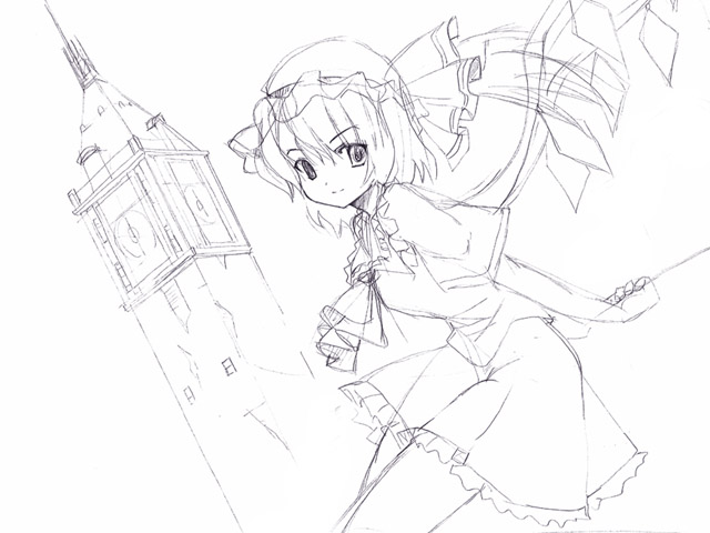 seo tatsuya, flandre scarlet, touhou, 1girl, female focus, hair between eyes, hat, mob cap, monochrome, outdoors, sketch, skirt, solo