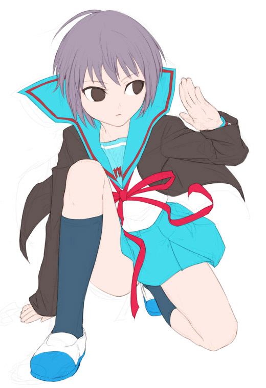 uni (plastic girl), nagato yuki, suzumiya haruhi no yuuutsu, 00s, 1girl, ahoge, cardigan, female focus, flat color, on one knee, school uniform, serafuku, shoes, short hair, sketch, solo, uwabaki