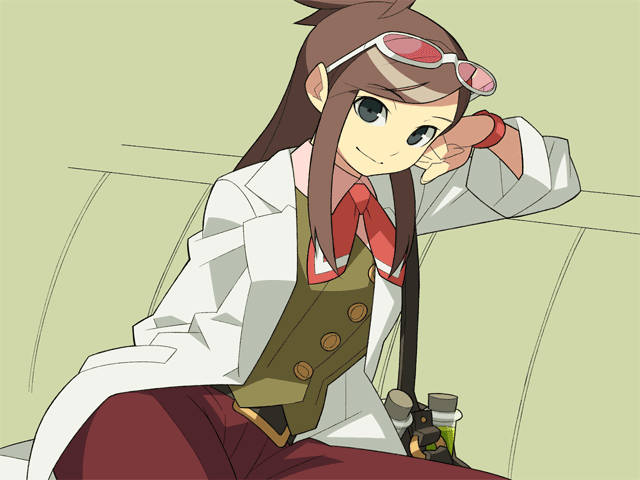 itsumo nokoru, ema skye, ace attorney, apollo justice: ace attorney, capcom, archived source, 1girl, anime coloring, armrest, bag, belt, belt buckle, black bag, black belt, brown hair, buckle, burgundy pants, buttons, chair, closed mouth, coat, collared shirt, corked bottle, eyewear on head, gold buckle, green background, green liquid, green vest, grey eyes, half updo, head rest, high ponytail, lab coat, lapels, long hair, long sidelocks, long sleeves, looking at viewer, neck ribbon, notched lapels, o-ring, on chair, pants, pink-tinted eyewear, pink shirt, pocket, ponytail, red pants, red ribbon, ribbon, shirt, short ponytail, shoulder bag, sidelocks, simple background, smile, solo, split mouth, swept bangs, test tube, tinted eyewear, undershirt, vest, watch, white-framed eyewear, white coat, white sleeves, wing collar, wristwatch