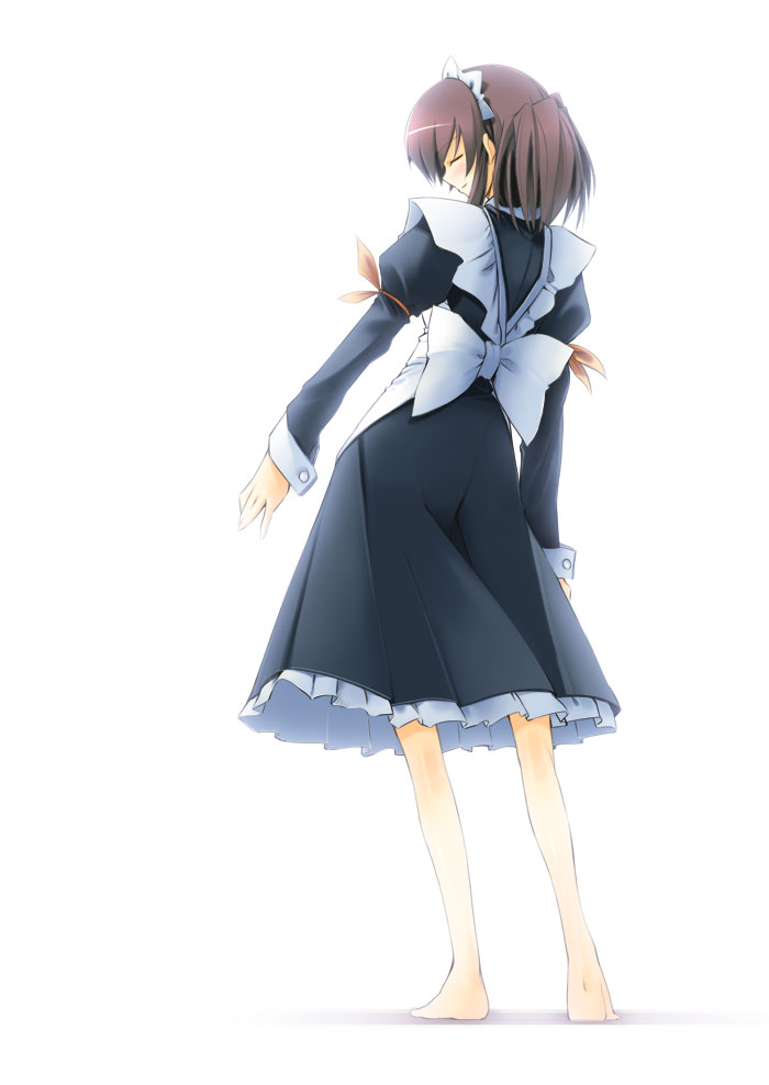 jirou (chekoro), original, 1girl, apron, bare legs, barefoot, bow, brown hair, female focus, frills, from behind, full body, maid, maid apron, maid headdress, short hair, solo, standing, waist apron, white bow