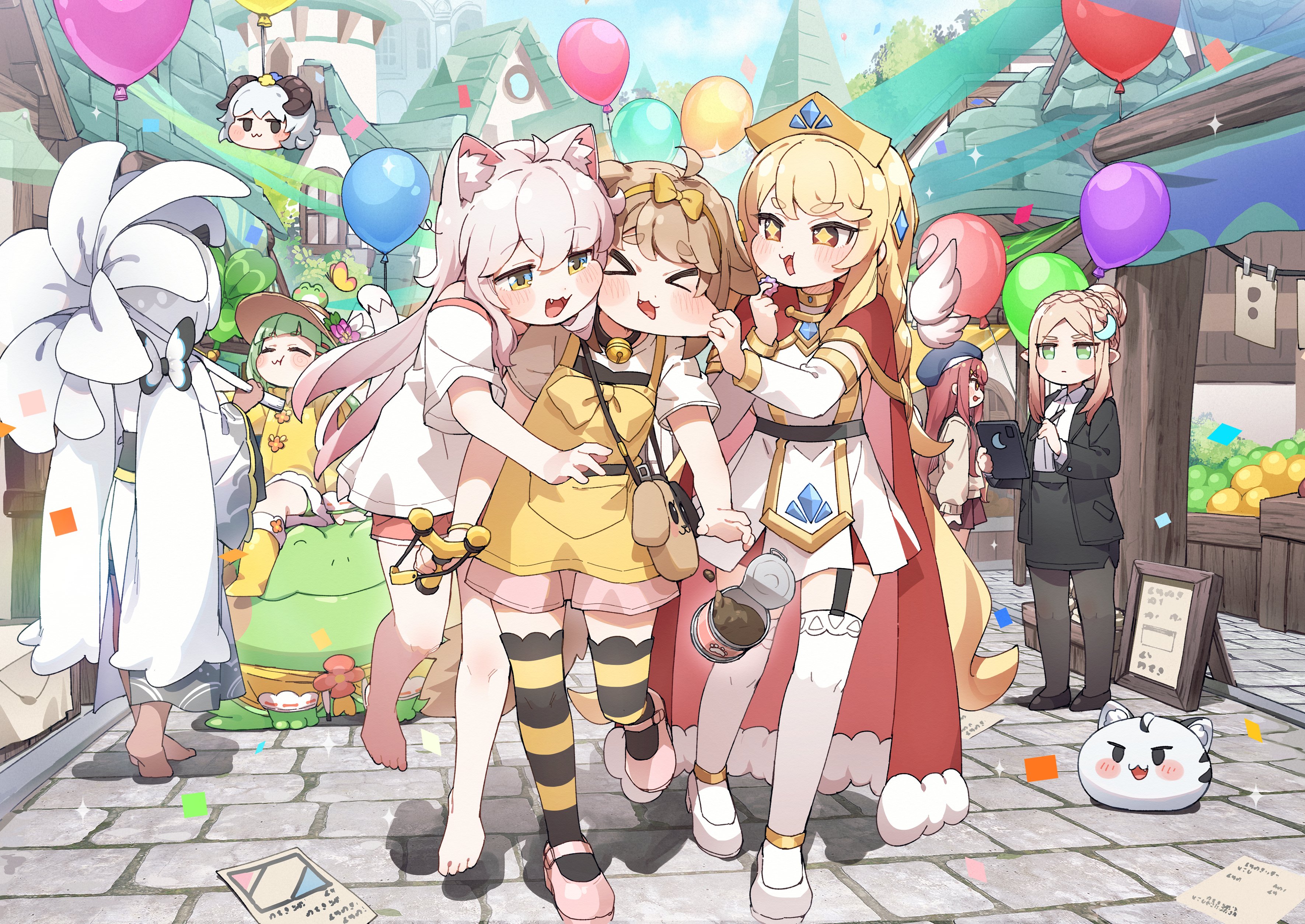 yukie (kusaka shi), butter (trickcal), kommy (trickcal), trickcal, absurdres, character request, commentary request, highres, official art, 6+girls, :d, ahoge, animal ear fluff, animal ears, balloon, barefoot, black jacket, black shoes, black skirt, blue sky, blush stickers, boots, braid, brown hair, brown hat, brown pantyhose, building, cheek pull, cloak, closed mouth, cloud, confetti, crown braid, day, dress, fang, fur-trimmed cloak, fur trim, garter straps, green eyes, green hair, green shorts, hair bun, hat, jacket, japanese clothes, kimono, long sleeves, multiple girls, open clothes, open jacket, open mouth, outdoors, pantyhose, parted bangs, pink shoes, pink shorts, red cloak, red shorts, shirt, shoes, shorts, skirt, sky, smile, striped clothes, striped thighhighs, tail, thick eyebrows, thighhighs, tiara, white dress, white kimono, white shirt, white thighhighs, wide sleeves, yellow boots, yellow jacket