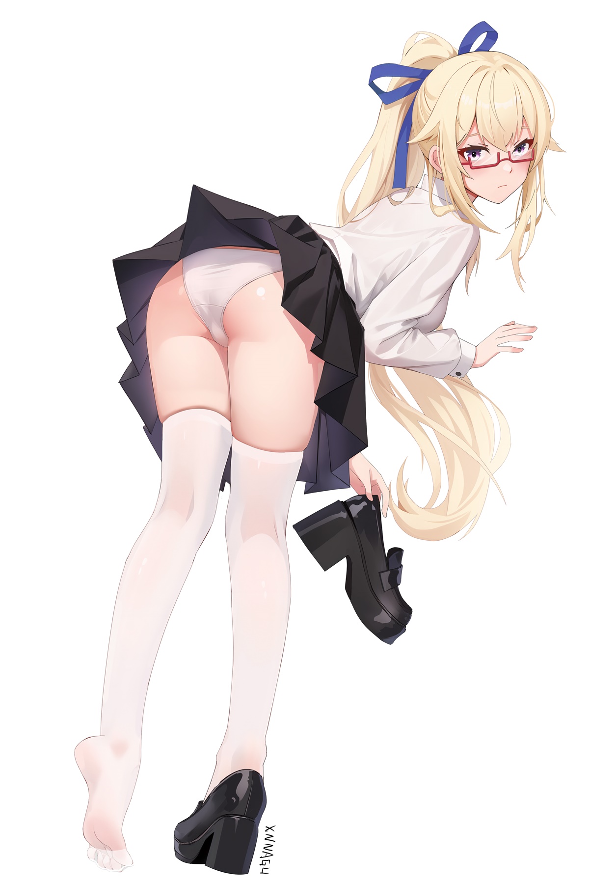 xnnagu, acasta (warship girls r), warship girls r, chinese commentary, commentary request, highres, 1girl, alternate costume, ass, bent over, black shoes, black skirt, blonde hair, blue eyes, blue ribbon, breasts, collared shirt, feet, foot focus, full body, glasses, high heels, holding, holding shoes, holding unworn clothes, loafers, long hair, long sleeves, looking at viewer, looking back, panties, pleated skirt, ponytail, red-framed eyewear, ribbon, semi-rimless eyewear, shirt, shoes, signature, simple background, single shoe, skindentation, skirt, small breasts, soles, solo, standing, thighhighs, thighs, toes, underwear, unworn shoes, upskirt, white background, white panties, white shirt, white thighhighs, zettai ryouiki