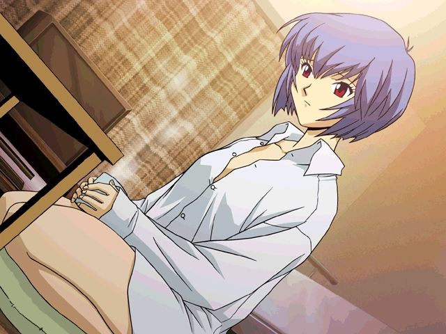 ayanami rei, ayanami raising project, neon genesis evangelion, game cg, 1girl, blue hair, cup, dutch angle, female focus, open clothes, open shirt, pale skin, red eyes, seiza, shirt, short hair, sitting, solo, steam