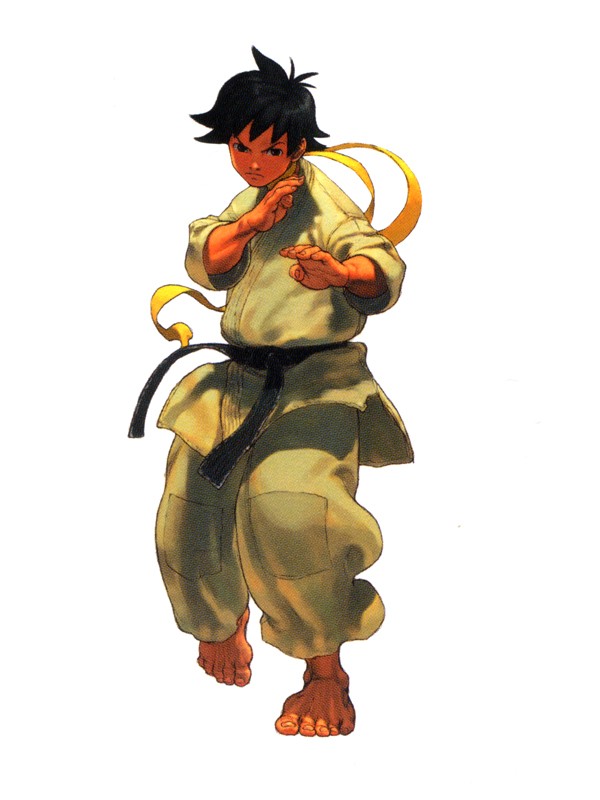 ikeno daigo, makoto (street fighter), capcom, street fighter, street fighter iii (series), official art, 1girl, androgynous, barefoot, black hair, choker, dougi, female focus, fighting stance, reverse trap, ribbon choker, short hair, solo, tomboy