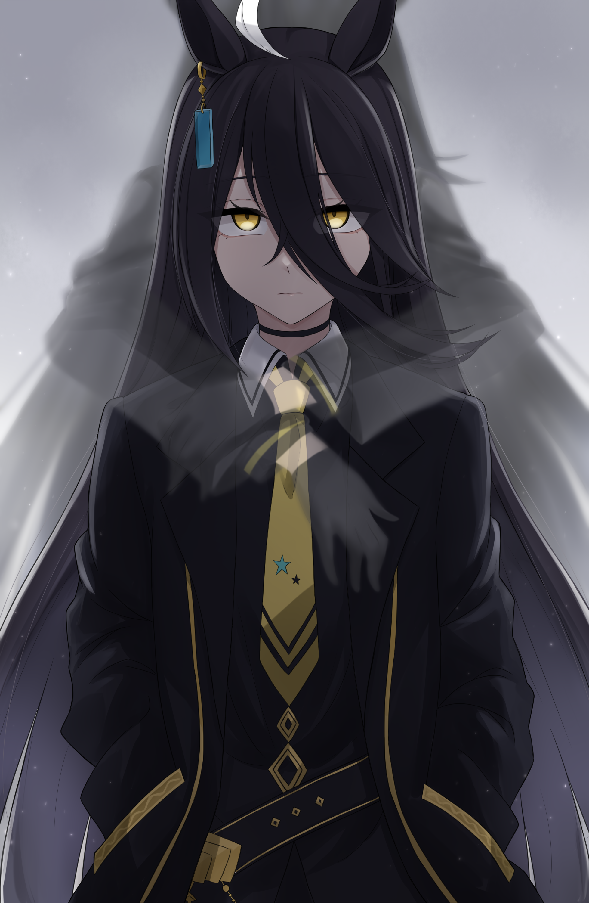 ibuki grunt, manhattan cafe (umamusume), umamusume, absurdres, highres, 1girl, ahoge, animal ears, belt, black belt, black choker, black hair, choker, closed mouth, collared shirt, crossed bangs, ear ornament, ear tag, earrings, expressionless, grey background, hair between eyes, hands in pockets, horse ears, horse girl, hug, hug from behind, jewelry, long hair, long hair between eyes, long sleeves, multicolored hair, necktie, shirt, simple background, single earring, solo, very long hair, white hair, white shirt, yellow necktie