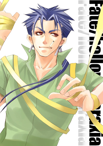 cu chulainn (fate), cu chulainn (lancer) (fate), fate/hollow ataraxia, fate/stay night, fate (series), lowres, 00s, 1boy, blue hair, cigarette, copyright name, male focus, ribbon, solo
