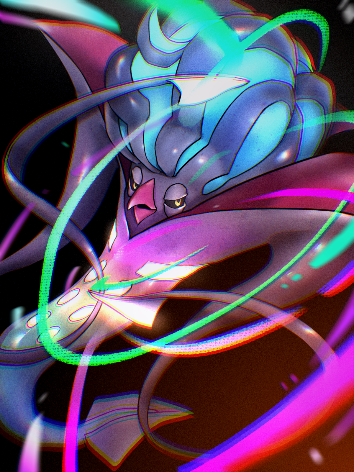 wldud9 9, mega malamar, nintendo, pokemon, commentary request, highres, korean commentary, mixed-language commentary, black sclera, blurry, chromatic aberration, colored sclera, glowing markings, mega evolution, no humans, pokemon (creature), pokemon focus, solo, tentacles, yellow eyes