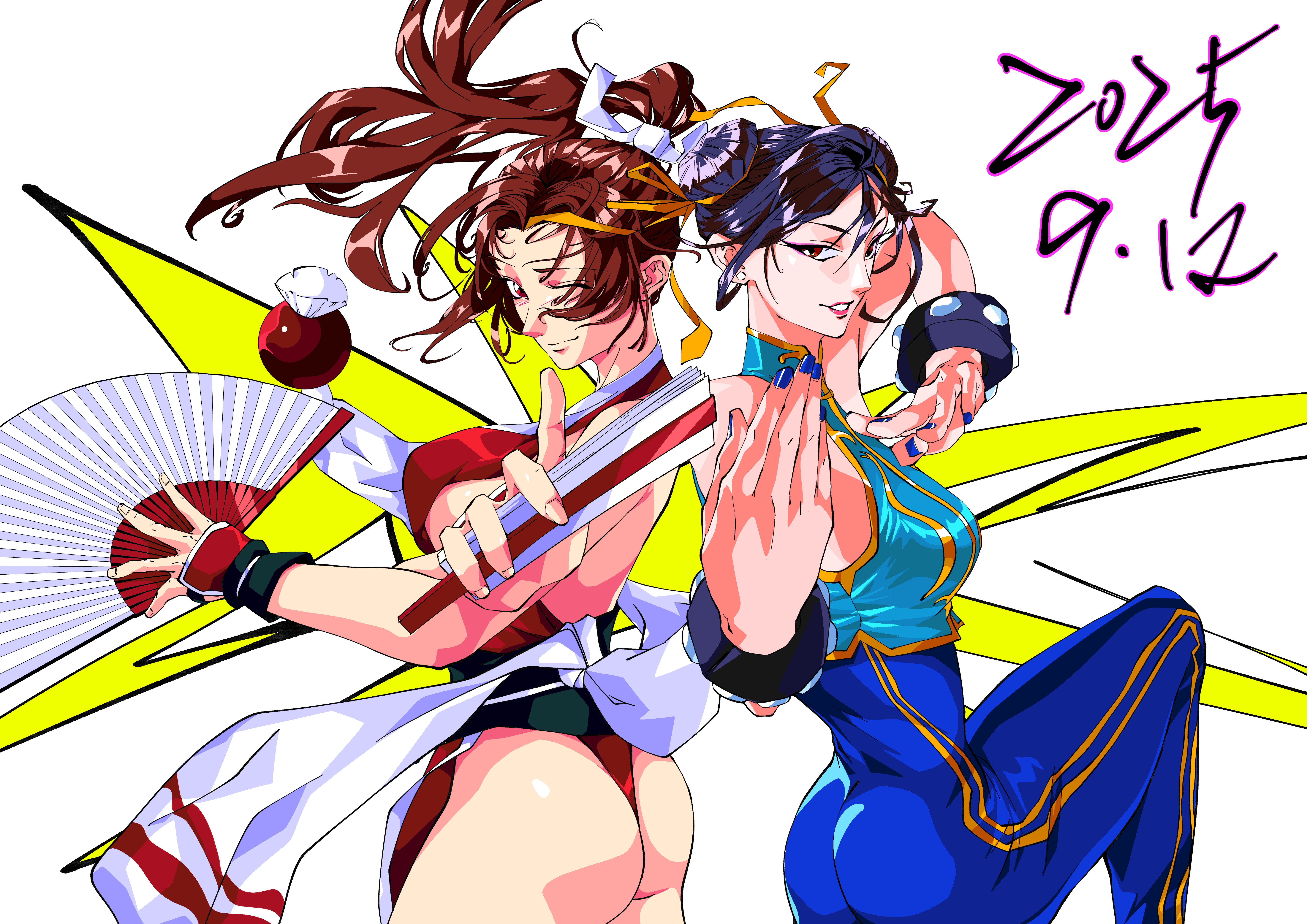 chun-li, shiranui mai, capcom, fatal fury, street fighter, 2girls, breasts, large breasts, long hair, multiple girls