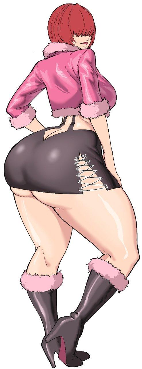 octavius dp, shermie (kof), 1girl, ass, black dress, breasts, dress, female focus, fishnets, hair over eyes, huge ass, looking at viewer, looking back, pink dress, red hair, short dress, short hair, solo, thick thighs, thighs