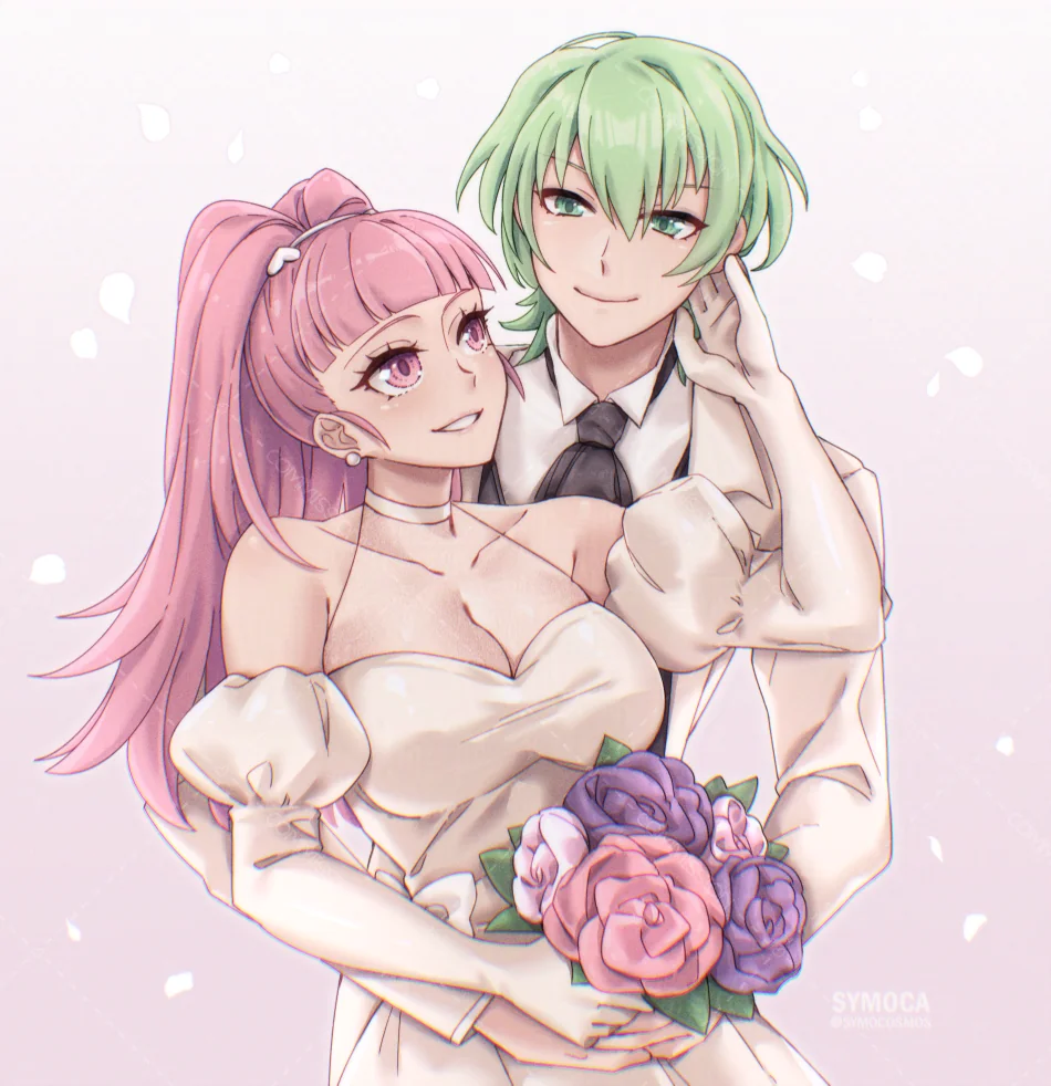 symoca, hilda valentine goneril, hilda valentine goneril (timeskip), male byleth (enlightened) (fire emblem), male byleth (fire emblem), fire emblem, fire emblem: three houses, nintendo, alternate costume, bare shoulders, bouquet, breasts, cleavage, closed mouth, collarbone, dress, flower, formal clothes, green eyes, green hair, grin, hetero, hug, large breasts, long hair, pink eyes, pink hair, simple background, smile, teeth, very long hair, wedding dress, white background