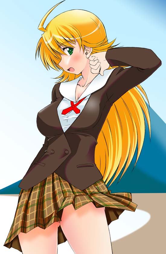 rikumoto yoshiyuki, hoshii miki, idolmaster, idolmaster (classic), idolmaster 1, 00s, ahoge, blazer, blonde hair, blush, green eyes, jacket, plaid clothes, plaid skirt, school uniform, skirt, solo