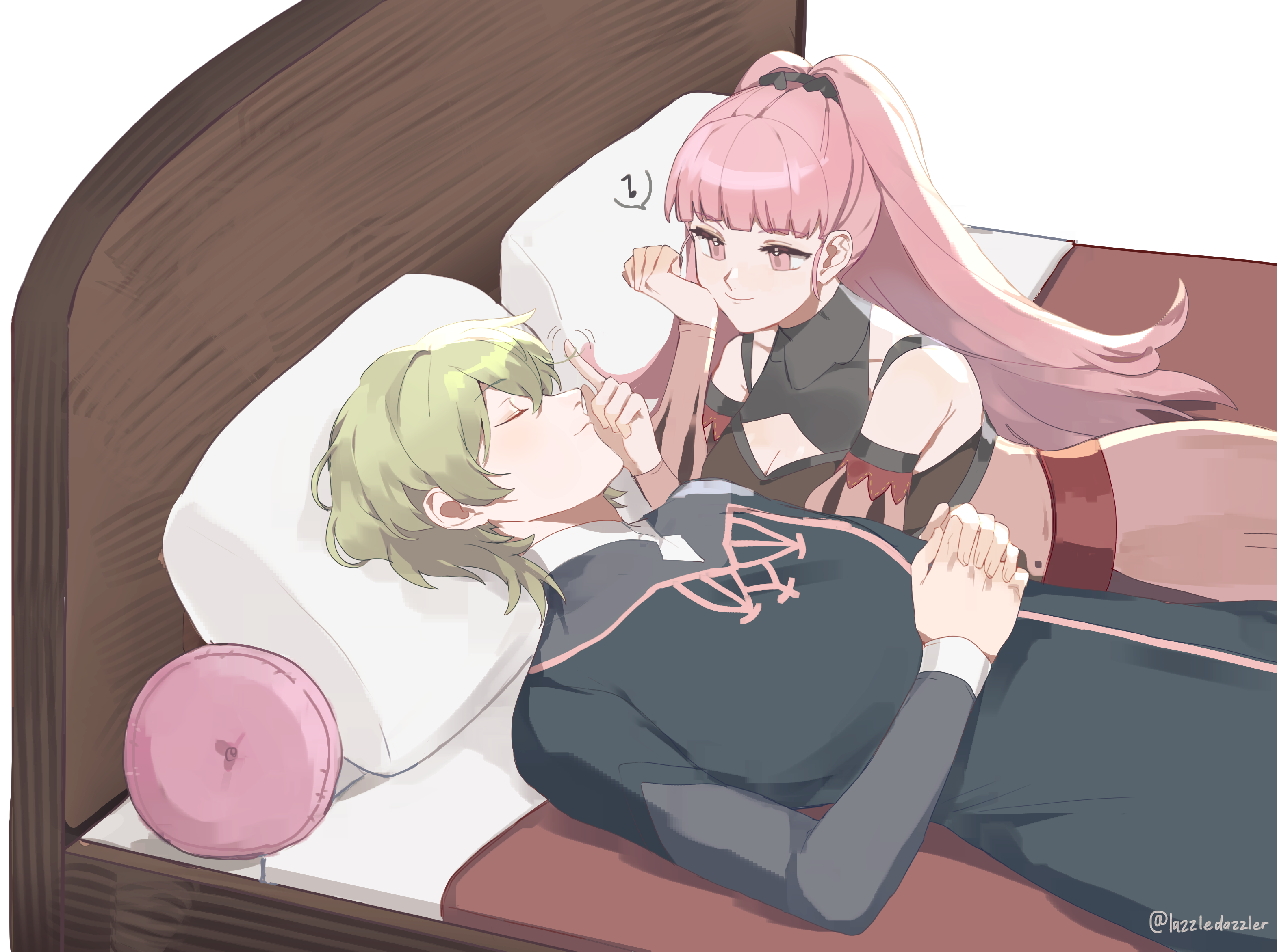 symoca, hilda valentine goneril, hilda valentine goneril (timeskip), male byleth (enlightened) (fire emblem), male byleth (fire emblem), bed, bluesky username, breasts, cleavage, closed eyes, closed mouth, green hair, hetero, large breasts, long hair, lying, matching hair/eyes, on back, on bed, pillow, pink eyes, pink hair, playing with another's hair, puffy short sleeves, puffy sleeves, short sleeves, very long hair