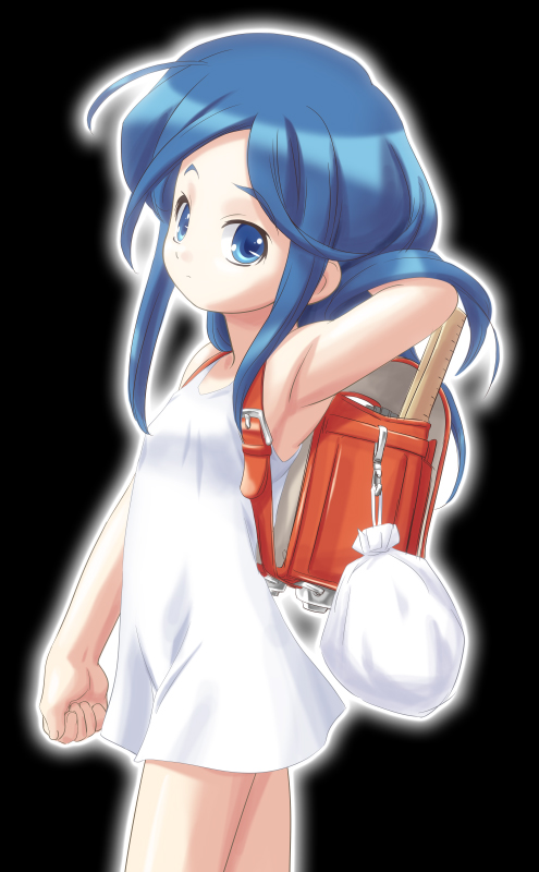 gambler club, etou mei, gakuen utopia manabi straight!, 00s, 1girl, backpack, bag, blue eyes, blue hair, dress, female focus, loli, matching hair/eyes, randoseru, skirt, solo, white dress, white skirt