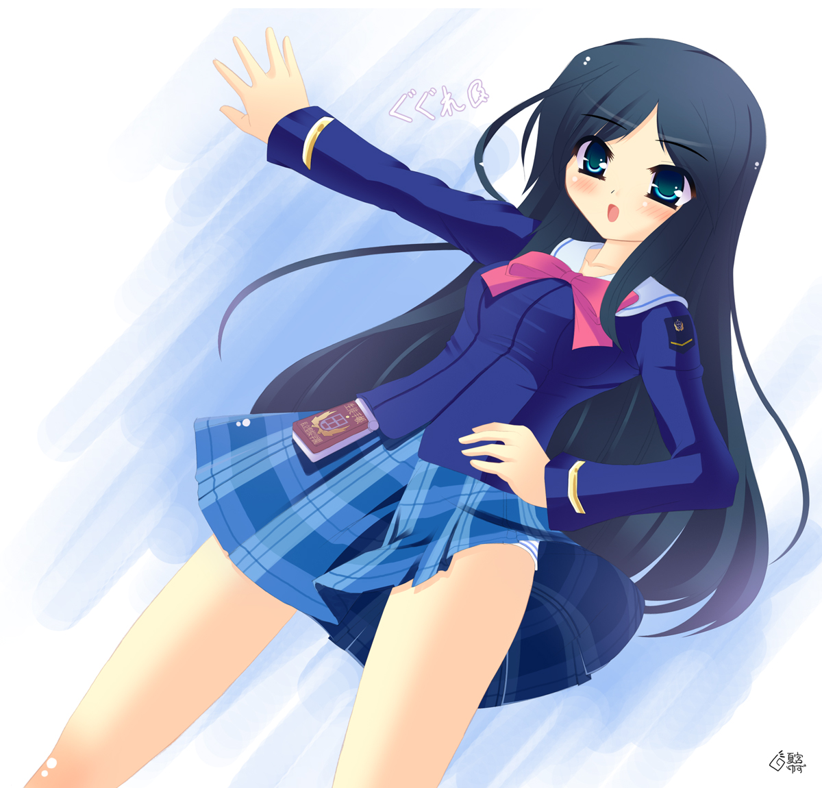 natsumiya yuzu, etou mei, gakuen utopia manabi straight!, 00s, 1girl, bow, female focus, panties, pink bow, plaid clothes, plaid skirt, school uniform, serafuku, skirt, solo, striped clothes, striped panties, underwear