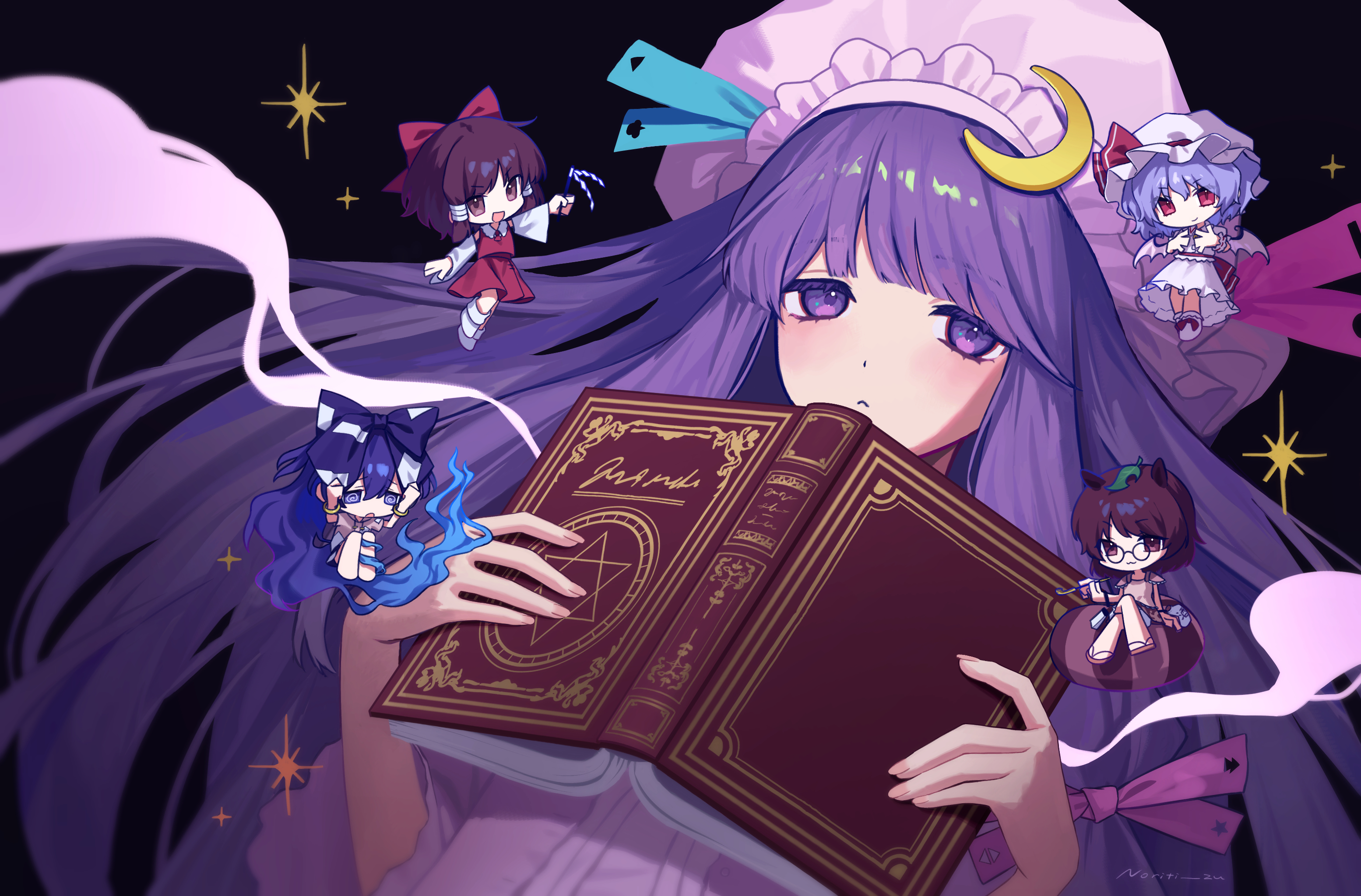 norichiizu, futatsuiwa mamizou, hakurei reimu, patchouli knowledge, remilia scarlet, yorigami shion, touhou, commentary request, highres, 5girls, :<, :3, @ @, animal ears, bat wings, black background, blue bow, blue eyes, blue hair, blue skirt, book, bow, brown eyes, brown hair, brown shirt, brown skirt, chibi, closed mouth, crescent, crescent hat ornament, detached sleeves, dress, glasses, gohei, grey hoodie, hat, hat ornament, holding, holding book, holding gohei, holding smoking pipe, hood, hoodie, leaf, leaf on head, long hair, looking at viewer, medium hair, mob cap, multiple girls, open book, open mouth, pink dress, purple eyes, purple hair, raccoon ears, raccoon girl, raccoon tail, red bow, red eyes, red shirt, red skirt, round eyewear, shirt, skirt, smile, smoking pipe, tail, upper body, vampire, very long hair, white dress, wings