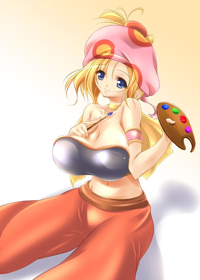 fct, sara da pranzo, sdp, relm arrowny, final fantasy, final fantasy vi, 1990s (style), 1girl, aged up, alternate breast size (larger), armlet, art brush, blonde hair, blue eyes, breasts, choker, cleavage, female focus, huge breasts, jewelry, midriff, paint, paint palette, paintbrush, ponytail, retro artstyle, smile, solo