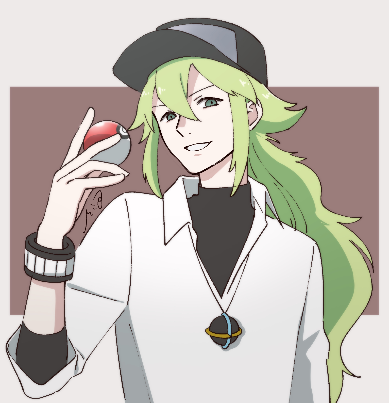 rio30, n (pokemon), nintendo, pokemon, pokemon bw, commentary request, highres, 1boy, black hat, bracelet, collared shirt, green eyes, green hair, grin, hair between eyes, hand up, hat, holding, holding poke ball, jewelry, long hair, male focus, poke ball, poke ball (basic), shirt, sidelocks, signature, smile, solo, teeth, undershirt, upper body, white shirt