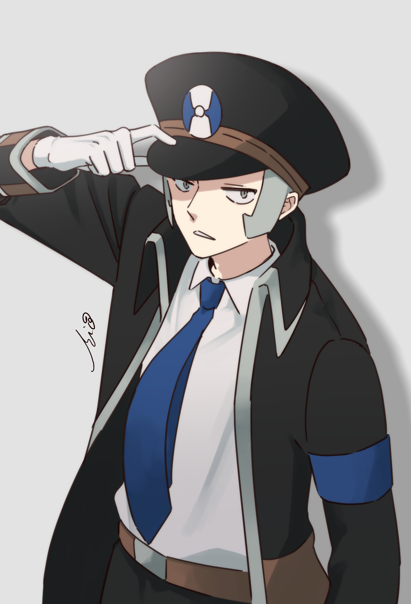 rio30, ingo (pokemon), nintendo, pokemon, pokemon bw, commentary request, highres, 1boy, belt, belt buckle, black coat, black hat, black pants, blue necktie, brown belt, buckle, coat, collared shirt, gloves, grey eyes, grey hair, hand on headwear, hat, male focus, necktie, open clothes, open coat, pants, peaked cap, shirt, short hair, sideburns, signature, solo, white gloves, white shirt