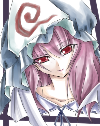 saigyouji yuyuko, touhou, lowres, 1girl, blue hat, collarbone, female focus, hat, head tilt, lips, looking at viewer, mob cap, pink hair, portrait, red eyes, solo, triangular headpiece