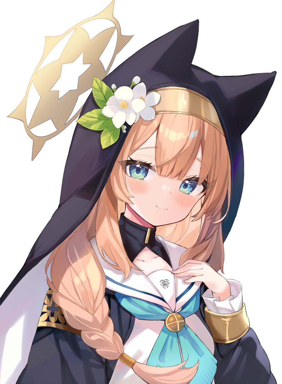 yatani row, mari (blue archive), blue archive, commentary request, highres, 1girl, animal ears, blonde hair, blue eyes, blush, breasts, halo, long hair, looking at viewer, nun, simple background, small breasts, solo, trinity general school logo, upper body, white background, yellow halo