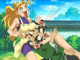 furinji miu, fuurinji miu, ma kensei, shijou saikyou no deshi ken'ichi, animated, animated gif, anime screenshot, lowres, non-web source, 00s, 10s, 1boy, 1girl, :d, afterimage, ahoge, apron, bald, bare shoulders, black hair, bodysuit, bouncing breasts, breast rest, breasts, breasts on head, building, cloud, day, emphasis lines, facial hair, floating hair, from side, goatee, hair ornament, hairclip, halterneck, large breasts, leg grab, legs apart, long hair, long sleeves, open mouth, outdoors, sky, smile, thick eyebrows, tree, turtleneck, unitard, upper body, very long hair, what, wide-eyed