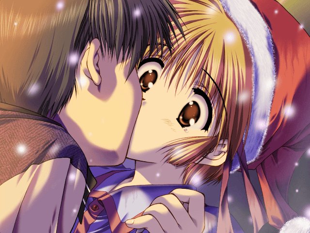 mitsumi misato, sendo kazuki, sendou kazuki, tsukamoto chisa, comic party, game cg, non-web source, 00s, 1boy, 1girl, hat, hetero, kiss, santa hat, snow, snowing, surprised, wide-eyed