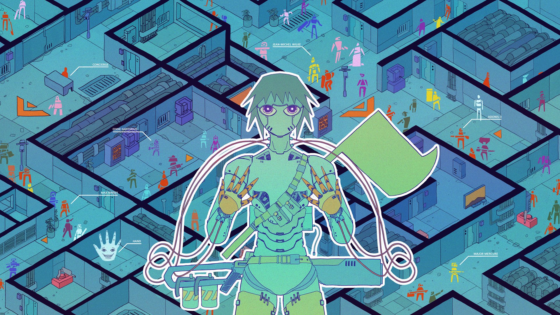 ksteakay, character request, highres, 1boy, ammunition pouch, android, aqua background, aqua hair, aqua theme, bandolier, belt, cable, character name, cowboy shot, crowd, cyberpunk, deadeye deepfake simulacrum, disembodied hand, film grain, flag, green flag, gun, hands up, isometric, male focus, no mouth, outline, pouch, purple eyes, science fiction, short hair, solo focus, spiked hair, straight-on, utility belt, weapon, white outline