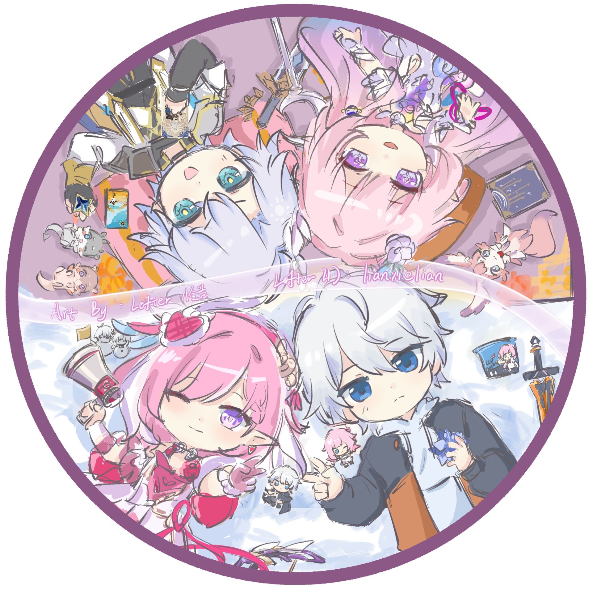 cyrene (honkai: star rail), cyrene (ripples of past reverie) (honkai: star rail), elysia (hi elf of love) (honkai impact), elysia (honkai impact), hino satoshi, inoue marina, kevin kaslana, mem (honkai: star rail), phainon (honkai: star rail), honkai: star rail, honkai (series), honkai impact 3rd, chinese commentary, commentary request, highres, 2boys, 2girls, blue eyes, ceremonial blade (honkai: star rail), chimera (honkai: star rail), coat, color connection, company connection, cup ramen, diamond-shaped pupils, diamond (shape), dress, hair color connection, holding, holding megaphone, jacket, lianxielian, long hair, lying, megaphone, multicolored hair, multicolored jacket, multiple boys, multiple girls, on back, pink hair, pointy ears, purple eyes, short hair, snow, sword, symbol-shaped pupils, two-tone hair, two-tone jacket, very long hair, voice actor connection, weapon, white coat, white dress, white hair, yanning