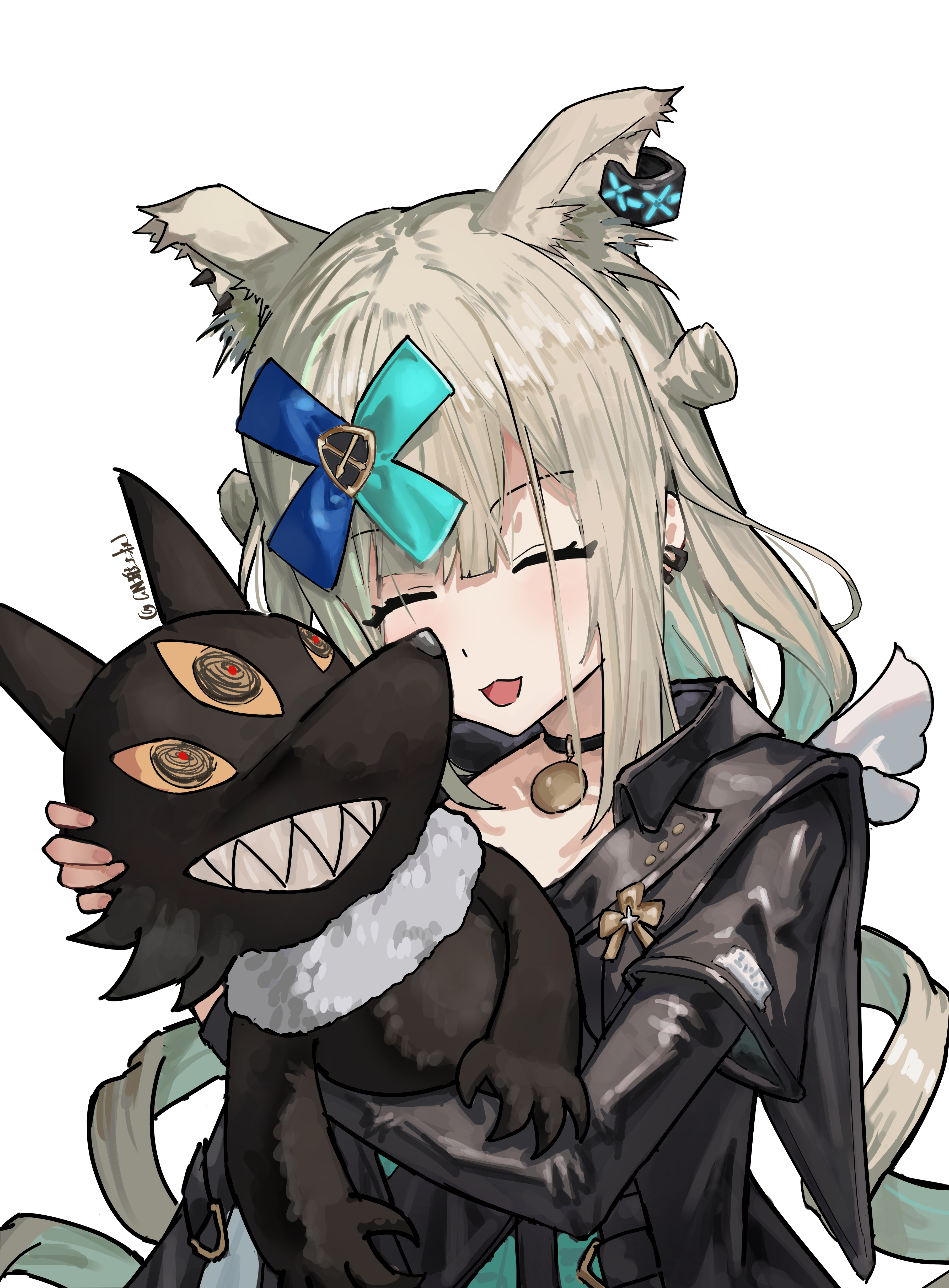 gn tuituji, infection monitor (arknights), arknights, absurdres, chinese commentary, commentary request, highres, making-of available, variant set, 1girl, :3, :d, ^ ^, animal ear fluff, animal ears, aqua hair, artist name, black choker, black eyes, black jacket, blush, choker, closed eyes, colored inner hair, drill hair, ear ornament, ear piercing, extra ears, facing viewer, grey hair, hair ornament, happy, hugging doll, hugging object, jacket, layered sleeves, long hair, long sleeves, low twintails, morpheus (arknights), multicolored hair, multiple piercings, open mouth, pendant choker, piercing, red pupils, sharp teeth, short over long sleeves, short sleeves, sidelocks, simple background, smile, solo, stuffed animal, stuffed toy, teeth, third eye, twin drills, twintails, two-tone hair, upper body, white background, x hair ornament