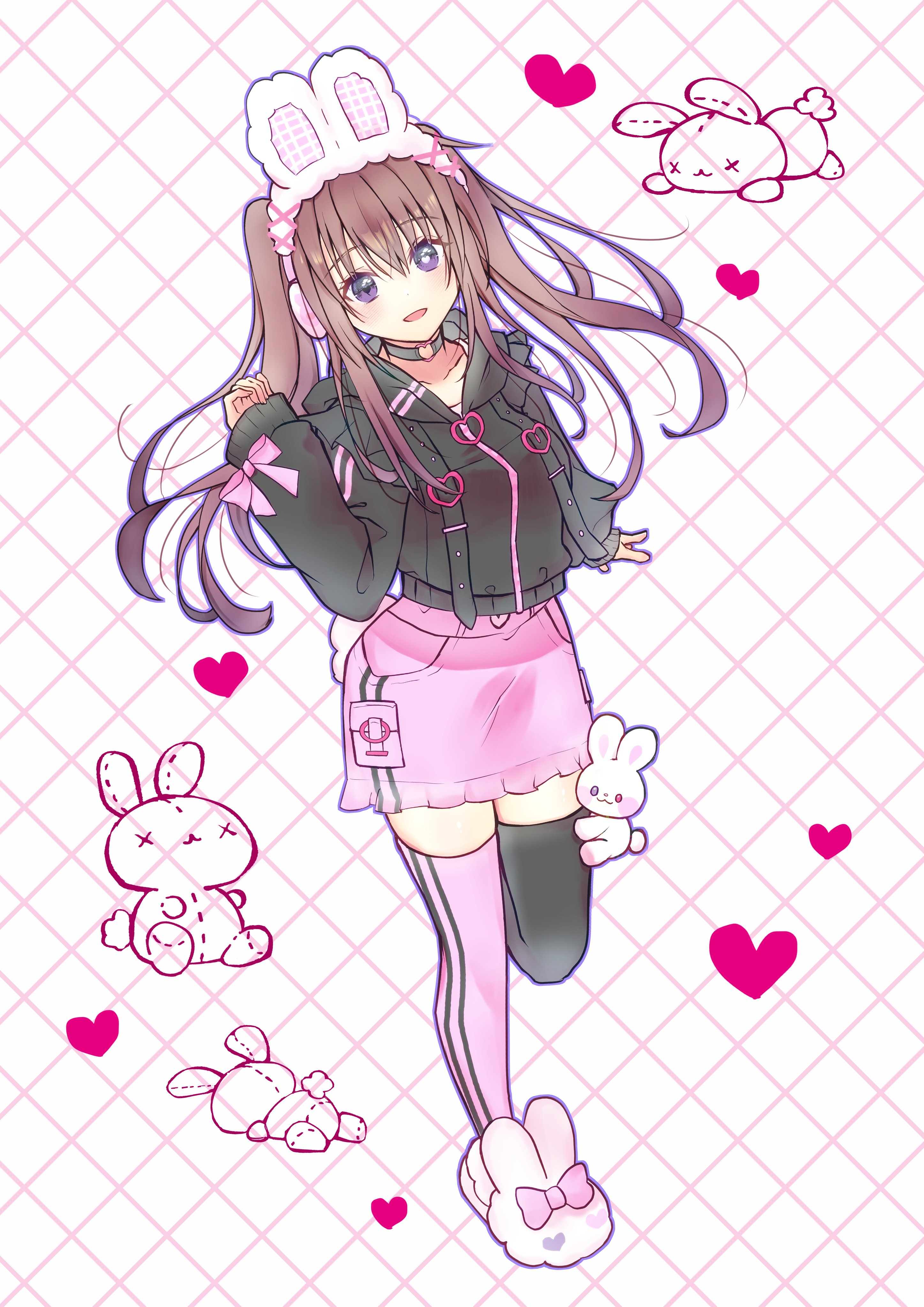 milkkapuriko, hoshi souichirou, kira yamato, gundam, gundam seed, mcdonald's, absurdres, highres, 1girl, animal ears, animal slippers, blush, breasts, brown hair, choker, doll, fake animal ears, genderswap, genderswap (ftm), hood, jacket, long hair, looking at viewer, multicolored hair, open mouth, pink skirt, purple eyes, rabbit ears, skirt, slippers, smile, solo, standing, standing on one leg, stuffed toy, thighhighs, twintails, voice actor connection