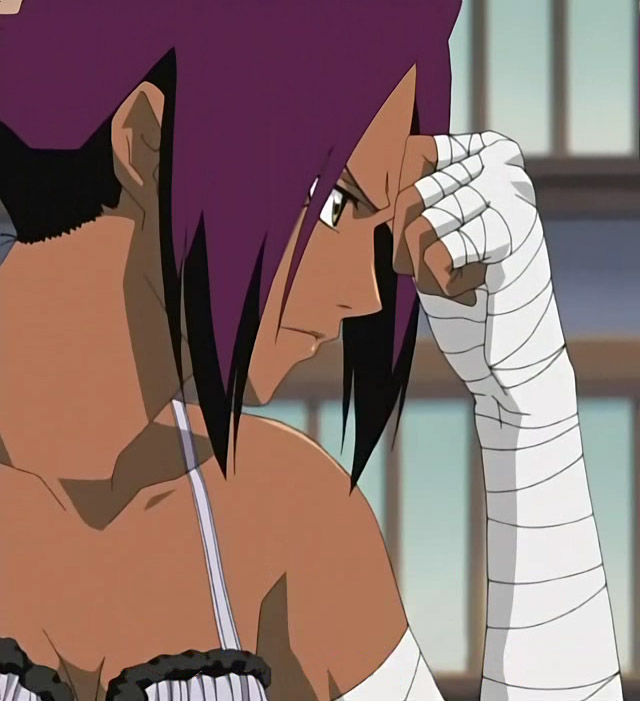 shihouin yoruichi, bleach, anime screenshot, non-web source, 00s, 1girl, bandaged arm, bandages, bare shoulders, collarbone, dark-skinned female, dark skin, female focus, frown, hand up, head rest, indoors, profile, purple hair, solo