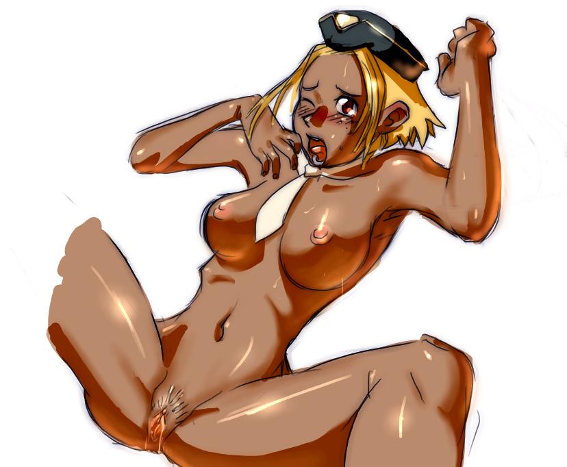 kitsurubami, flcl, non-web source, 00s, 1girl, armpits, blonde hair, blush, breasts, clitoris, cropped legs, dark-skinned female, dark skin, feet out of frame, female focus, female pubic hair, hat, large breasts, naked necktie, navel, necktie, nipples, nude, one eye closed, open mouth, pubic hair, pussy, pussy juice, red eyes, short hair, simple background, solo, spread legs, tongue, uncensored, white background, wink