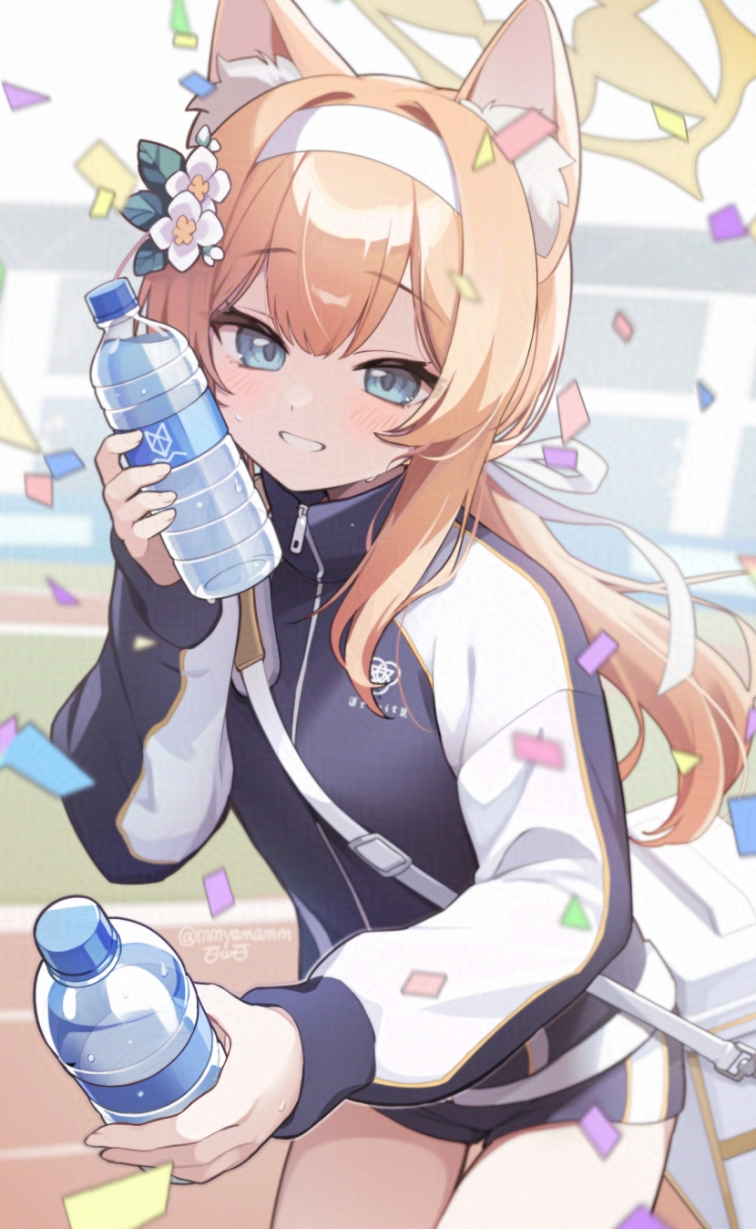momoyama momo, mari (blue archive), blue archive, highres, 1girl, animal ear fluff, animal ears, bag, black jacket, bottle, confetti, flower, gym shirt, gym shorts, gym uniform, hair flower, hair ornament, hair ribbon, hairband, halo, holding, holding bottle, incoming gift, jacket, long hair, long sleeves, looking at viewer, multicolored jacket, official alternate costume, orange hair, plastic bottle, ponytail, ribbon, running track, school emblem, school uniform, shirt, shorts, shoulder bag, sleeves past wrists, smile, solo, standing, teeth, thighs, track and field, track jacket, two-tone jacket, water, white hairband, white jacket, white ribbon, yellow halo, zipper, zipper pull tab