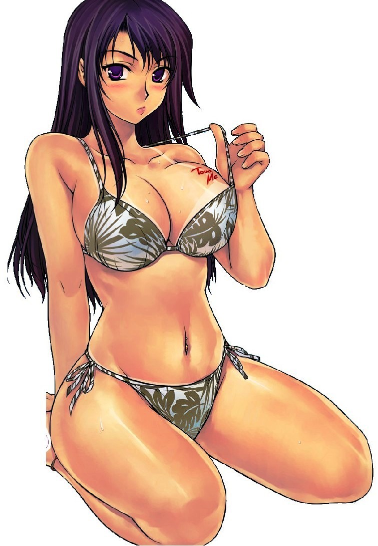 soo-hyon lee, hae-young na, unbalance unbalance, unbalance x unbalance, non-web source, 1girl, bikini, bikini tan, blush, body writing, breasts, curvy, female focus, huge breasts, kneeling, large breasts, long hair, panties, purple eyes, purple hair, side-tie bikini bottom, side-tie panties, simple background, solo, sweat, swimsuit, tan, tanline, teacher, underwear, white background