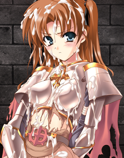 asaga aoi, lord knight (ragnarok online), ero offline, ero ragnarok offline, ragnarok online, non-web source, angry, armor, blue eyes, blush, brown hair, bukkake, cum, long hair, solo, torn clothes