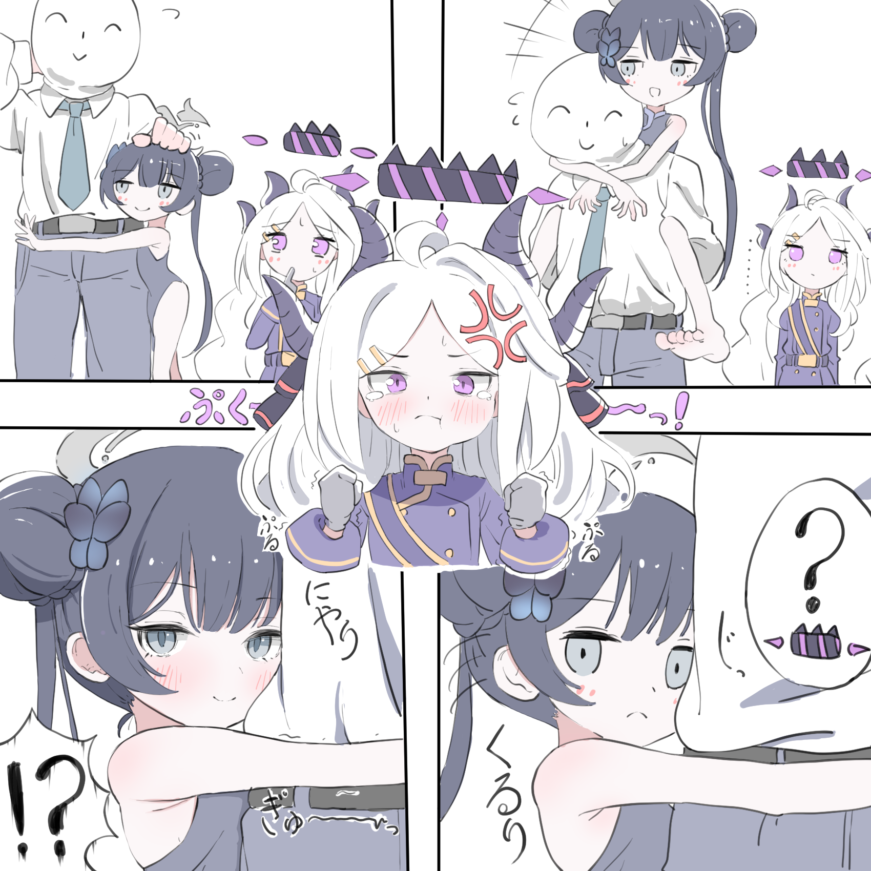 norippe (user zgsf8872), doodle sensei (blue archive), hina (blue archive), kisaki (blue archive), sensei (blue archive), blue archive, commentary request, highres, !?, +++, …, 1boy, 2girls, :t, ?, anger vein, bare arms, bare shoulders, barefoot, belt, belt buckle, black belt, black dress, black hair, blush, buckle, butterfly hair ornament, carrying, china dress, chinese clothes, closed eyes, closed mouth, collared shirt, double bun, dress, dress shirt, finger to mouth, flying sweatdrops, forehead, gloves, green necktie, grey eyes, grey gloves, grey pants, hair bun, hair ornament, hairclip, halo, horns, hug, jacket, long hair, multiple girls, necktie, pants, parted bangs, piggyback, pout, purple eyes, purple jacket, shirt, single hair intake, sleeveless, sleeveless dress, spoken interrobang, spoken question mark, tears, twintails, very long hair, white hair, white shirt