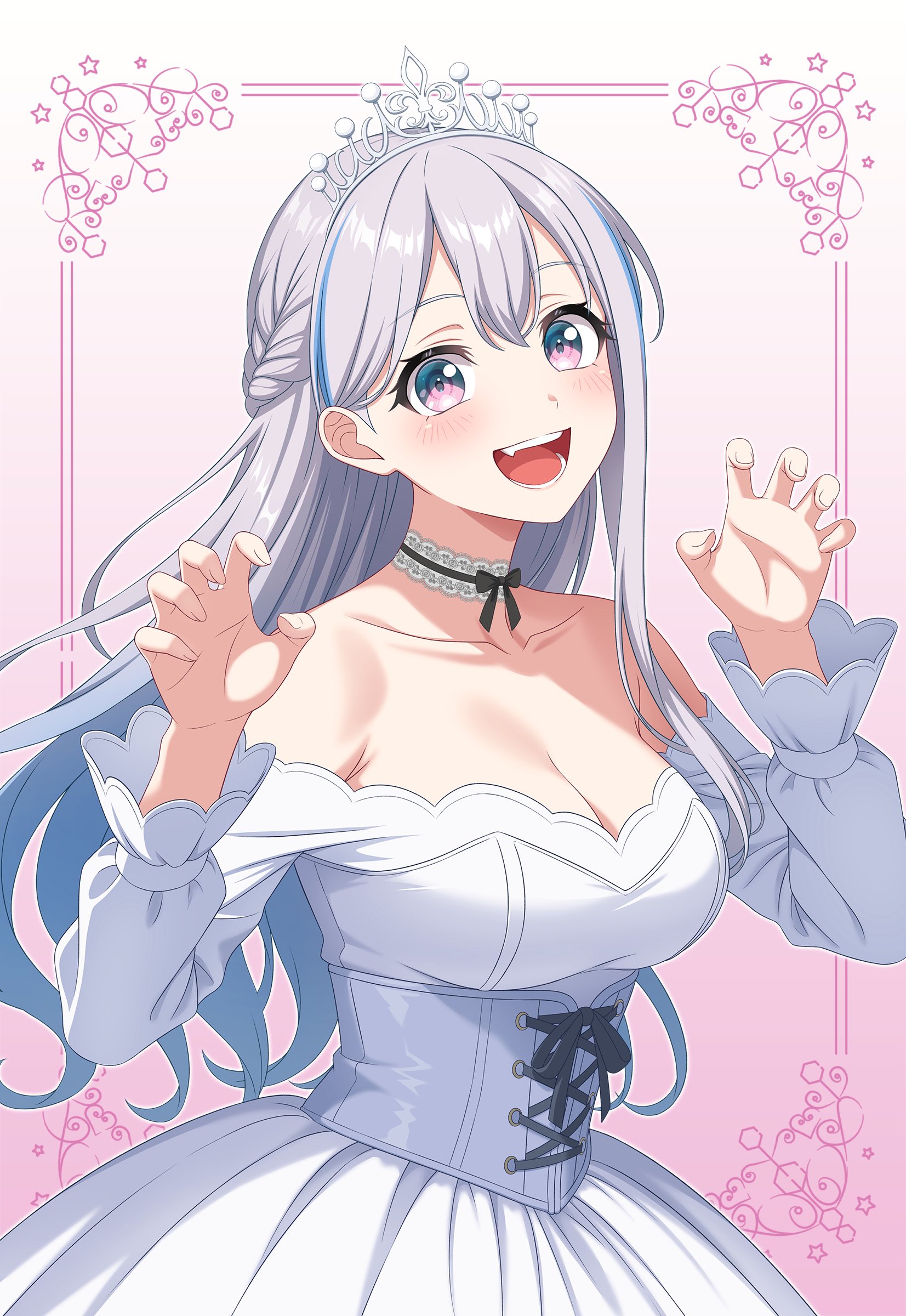 temple o dragon, bang dream!, bang dream! mugendai mewtype, absurdres, highres, 1girl, alternate costume, blue hair, grey hair, headdress, jewelry, long hair, looking at viewer, miyanaga nonoka, multicolored hair, open mouth, smile, solo, virtual youtuber