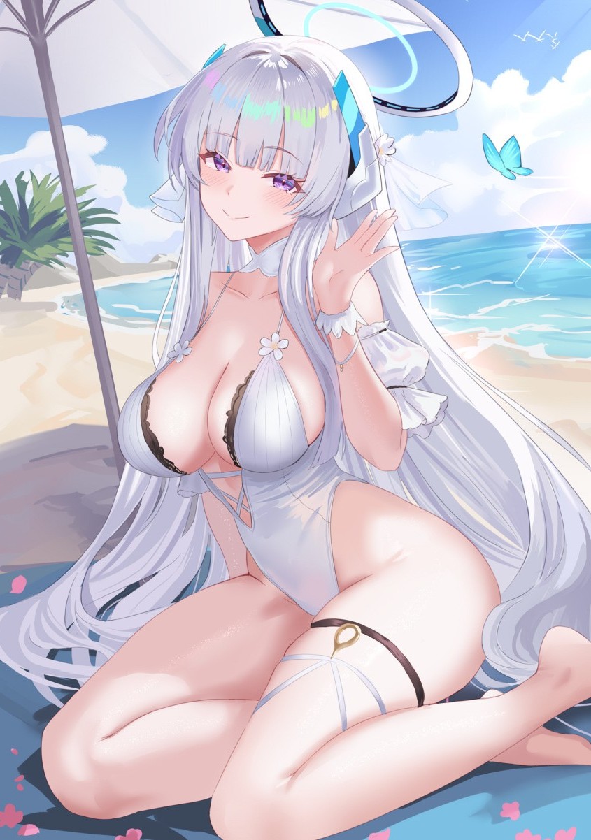 rorokaede, noa (blue archive), blue archive, commentary request, highres, 1girl, beach, beach mat, beach umbrella, blue butterfly, blue sky, breasts, bug, butterfly, cleavage, closed mouth, cloud, cloudy sky, day, halo, headgear, insect, large breasts, looking at viewer, ocean, one-piece swimsuit, outdoors, purple eyes, sitting, skindentation, sky, smile, solo, swimsuit, thigh strap, umbrella, under umbrella, white hair, white halo, white one-piece swimsuit, yokozuwari