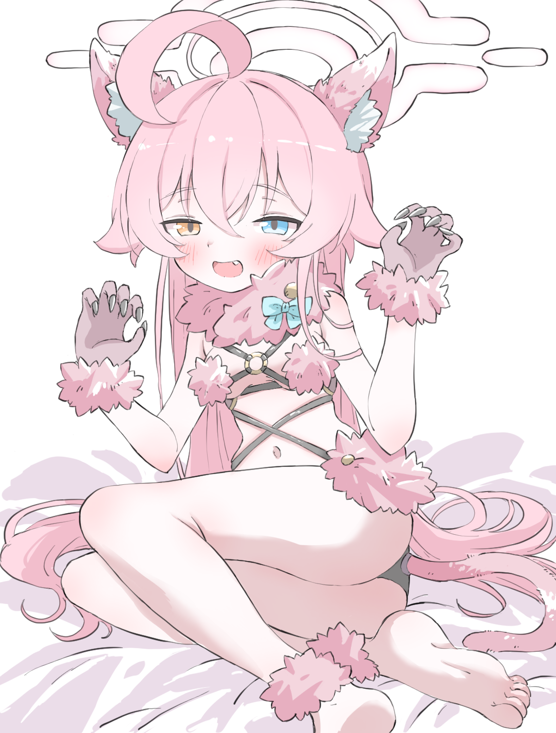 norippe (user zgsf8872), hoshino (blue archive), mash kyrielight, mash kyrielight (dangerous beast), blue archive, fate/grand order, fate (series), commentary request, highres, 1girl, :d, ahoge, animal ears, ass, barefoot, bed sheet, black panties, blue eyes, blush, breasts, cat ears, cat tail, claw pose, cosplay, fake animal ears, fake tail, fang, hair between eyes, halo, heterochromia, long hair, looking at viewer, mash kyrielight (dangerous beast) (cosplay), navel, o-ring, open mouth, orange eyes, panties, small breasts, smile, soles, solo, tail, underwear, very long hair, white background
