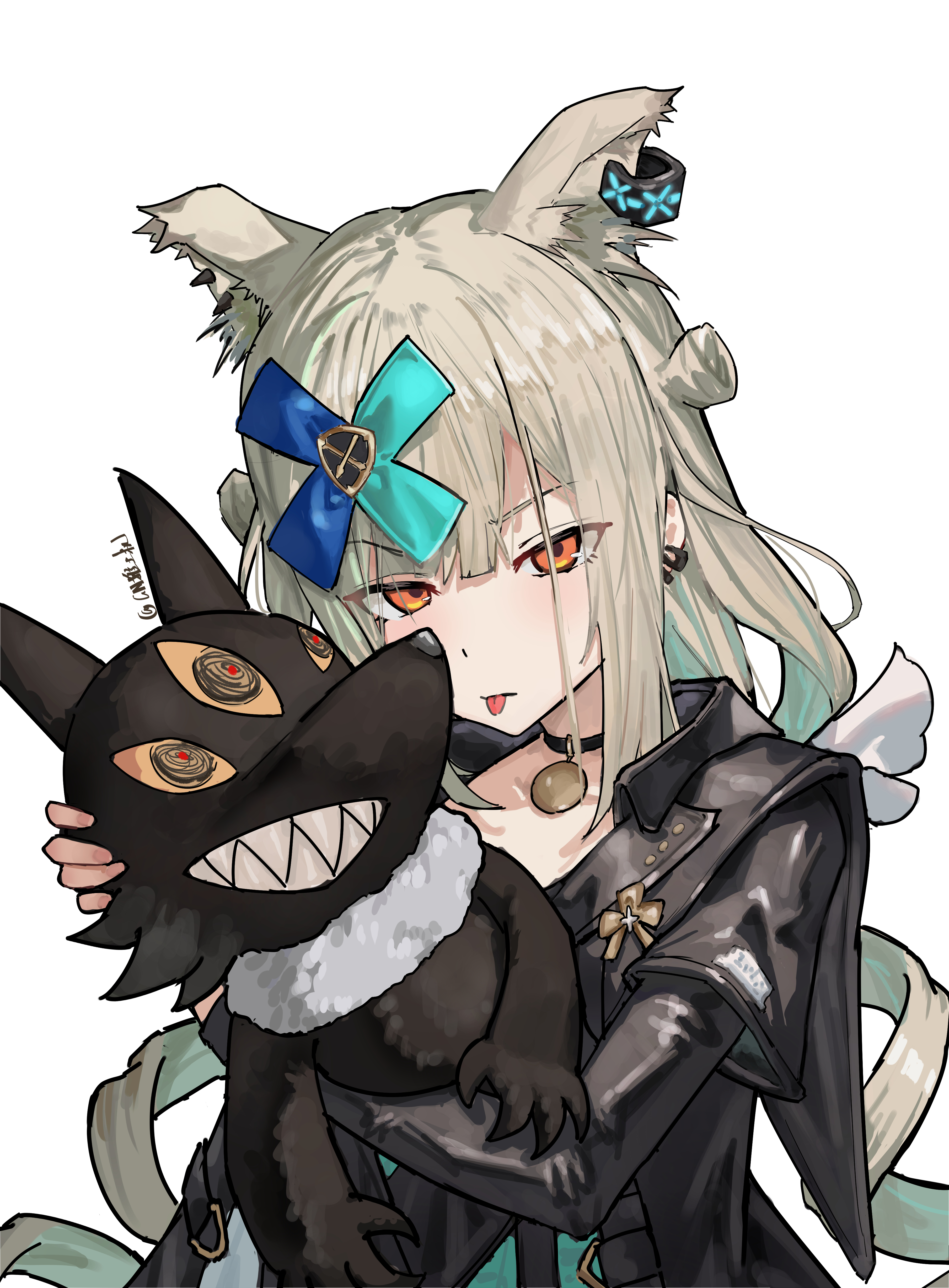 gn tuituji, infection monitor (arknights), arknights, absurdres, chinese commentary, commentary request, highres, making-of available, variant set, 1girl, :p, animal ear fluff, animal ears, aqua hair, artist name, black choker, black eyes, black jacket, blush, choker, colored inner hair, drill hair, ear ornament, ear piercing, extra ears, grey hair, hair ornament, hugging doll, hugging object, jacket, layered sleeves, long hair, long sleeves, looking at viewer, low twintails, morpheus (arknights), multicolored hair, multiple piercings, orange eyes, pendant choker, piercing, raised eyebrows, red pupils, sharp teeth, short over long sleeves, short sleeves, sidelocks, simple background, solo, stuffed animal, stuffed toy, teeth, third eye, tongue, tongue out, tsurime, twin drills, twintails, two-tone hair, upper body, white background, x hair ornament
