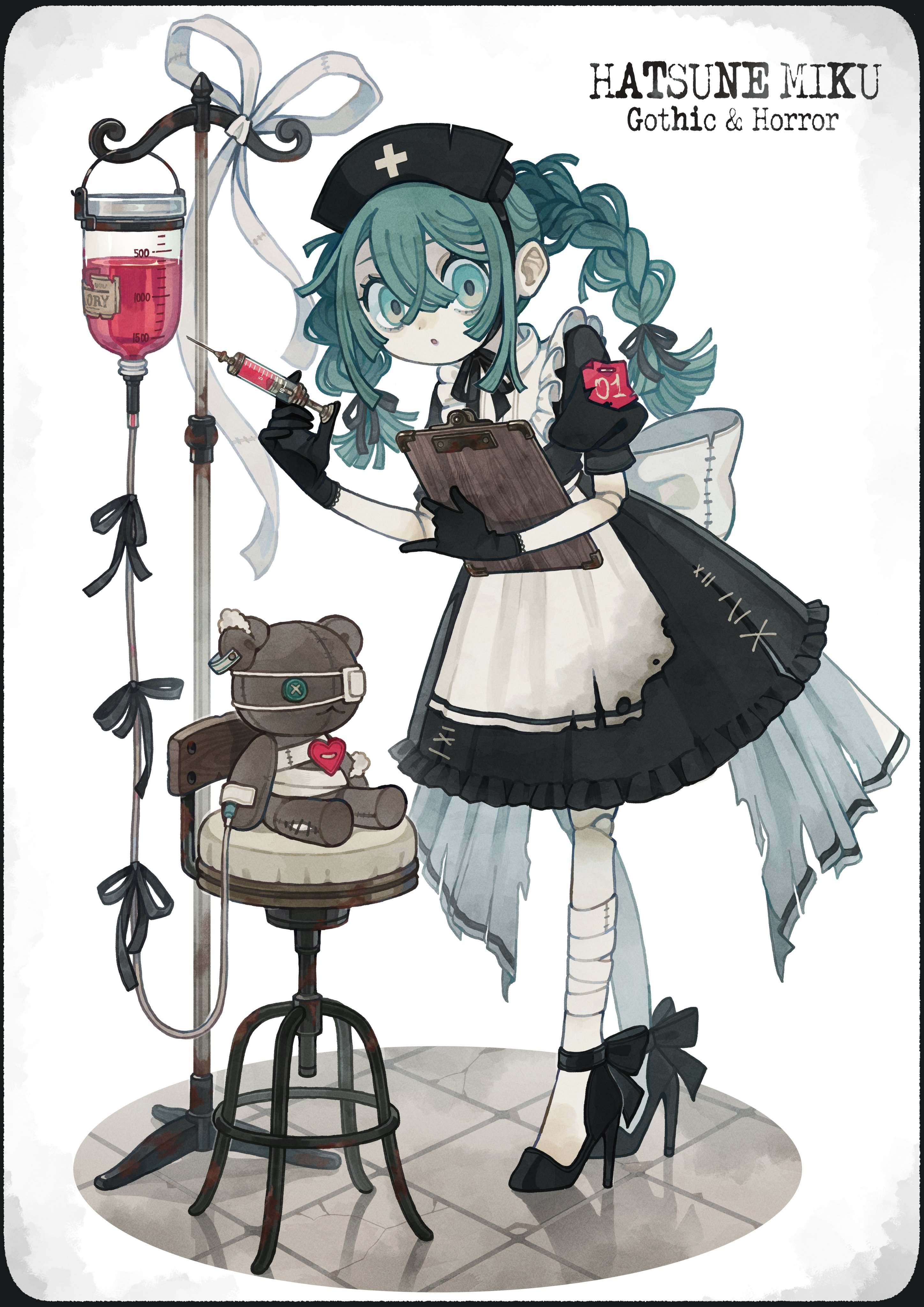 sakanazaka soup, hatsune miku, vocaloid, absurdres, commentary request, highres, 1girl, alternate costume, ankle bow, ankle ribbon, apron, back bow, bandaged leg, bandages, black gloves, black hat, black ribbon, black shirt, black shoes, black skirt, bow, braid, character name, clipboard, crossed bangs, doll joints, english text, eyepatch, full body, gloves, green eyes, green hair, hair between eyes, hair ribbon, hat, heart, high heels, holding, holding clipboard, holding syringe, intravenous drip, iv stand, joints, lace, lace-trimmed gloves, lace trim, leaning forward, long hair, medical eyepatch, nurse cap, open mouth, pinky out, puffy short sleeves, puffy sleeves, ribbon, shirt, shoes, short sleeves, skirt, solo, stuffed animal, stuffed toy, stuffing, syringe, teddy bear, torn apron, torn bow, torn clothes, twin braids, waist apron, white apron, white background, wide-eyed