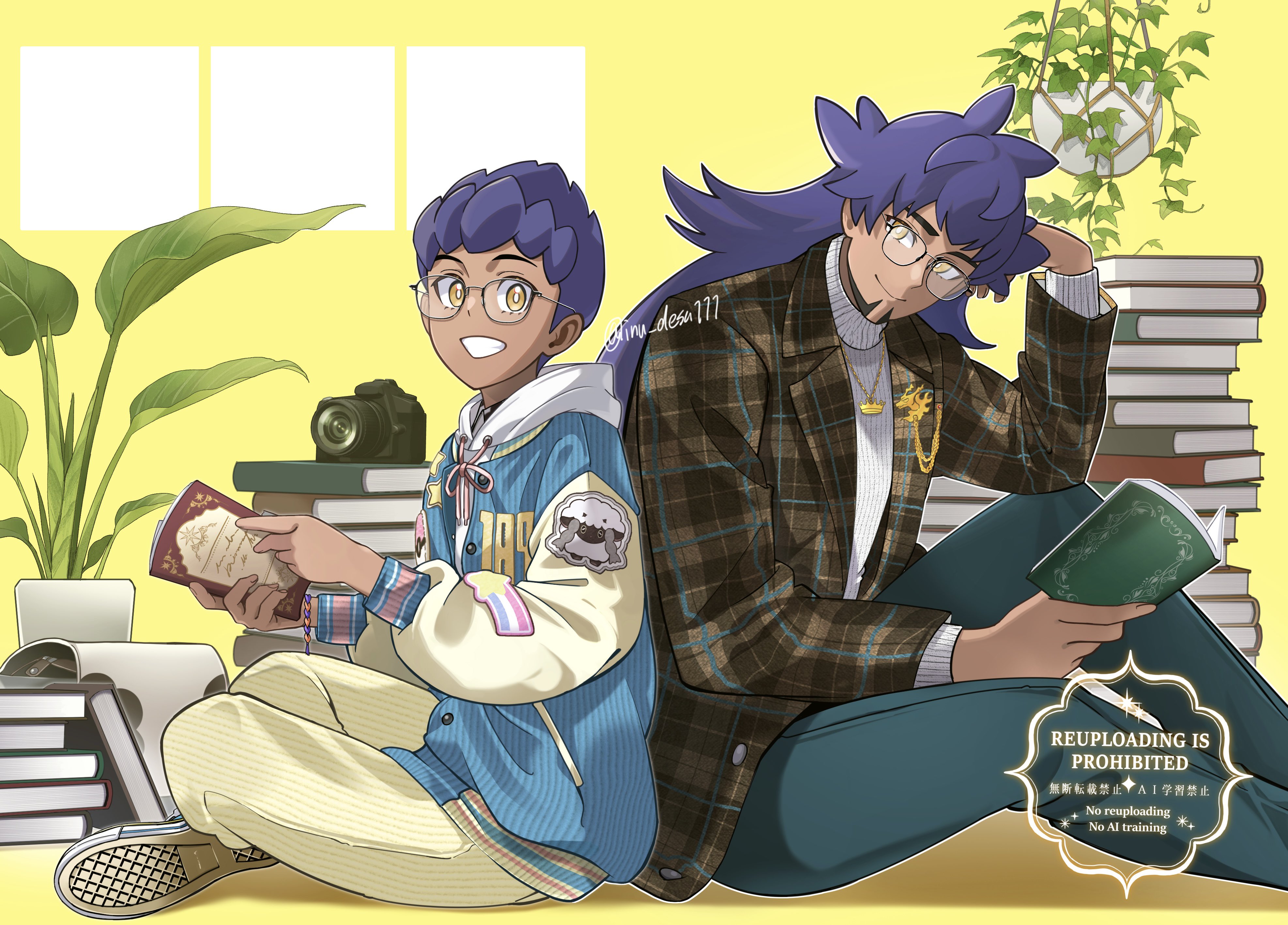 shiba (tonari no shiba inu), hop (pokemon), leon (pokemon), nintendo, pokemon, pokemon swsh, absurdres, commentary request, highres, 2boys, alternate costume, bespectacled, book, bright pupils, brothers, camera, facial hair, glasses, grin, hand up, holding, holding book, hood, hood down, indoors, jacket, jewelry, long hair, long sleeves, male focus, multiple boys, necklace, open clothes, open jacket, pants, plant, potted plant, purple hair, shoes, short hair, siblings, sitting, smile, teeth, watermark, white pupils, yellow eyes, yellow pants