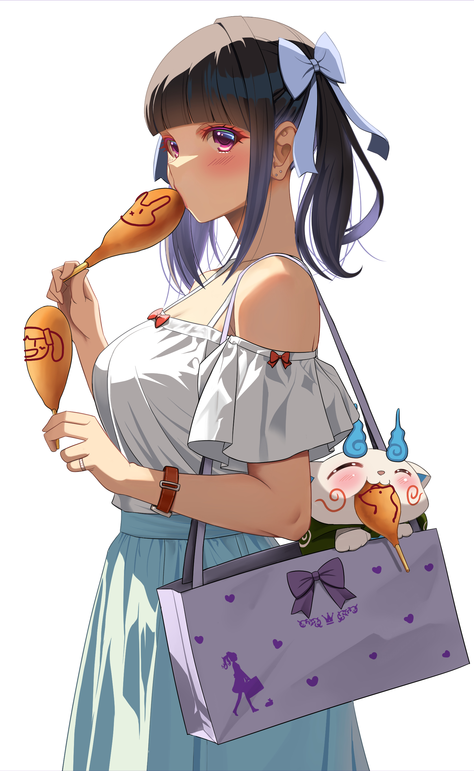 akihiro0920, komasan, tamura yukari, real life, youkai watch, absurdres, commentary request, highres, 1girl, bag, black hair, blue skirt, blunt bangs, blush, bow, breasts, collarbone, corn dog, cowboy shot, eating, food, hair bow, holding, holding food, medium breasts, medium hair, shirt, shoulder bag, simple background, skirt, solo, standing, watch, white background, white shirt, wristwatch